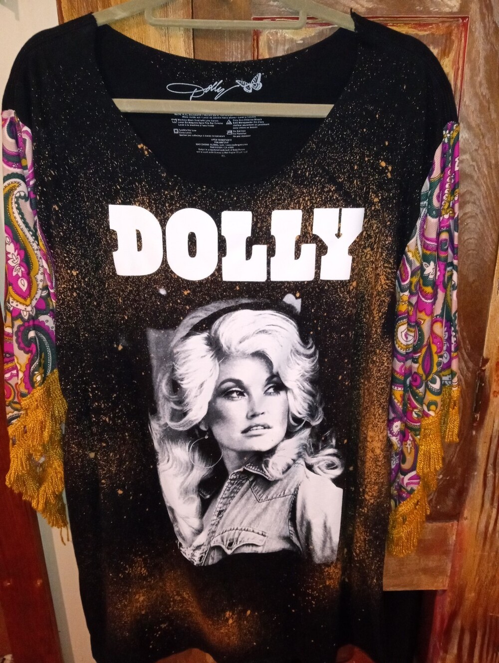 Dolly Black Graphic Tee with Paisley Fringe Sleeves